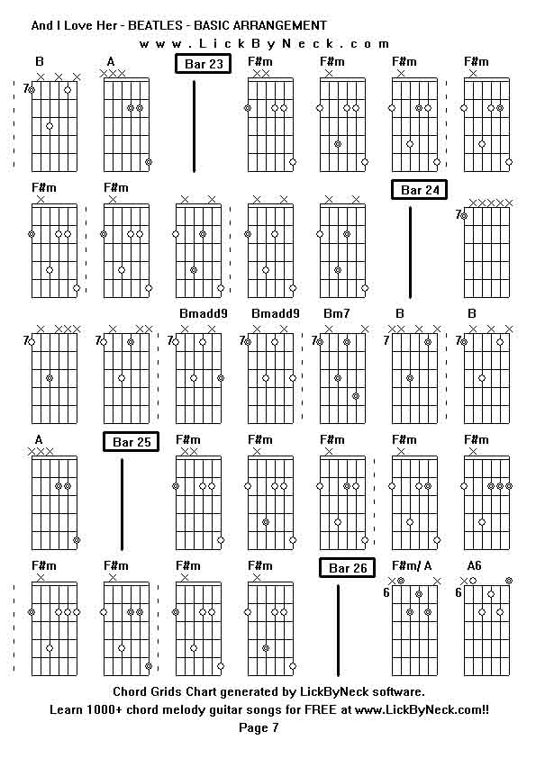 Chord Grids Chart of chord melody fingerstyle guitar song-And I Love Her - BEATLES - BASIC ARRANGEMENT,generated by LickByNeck software.